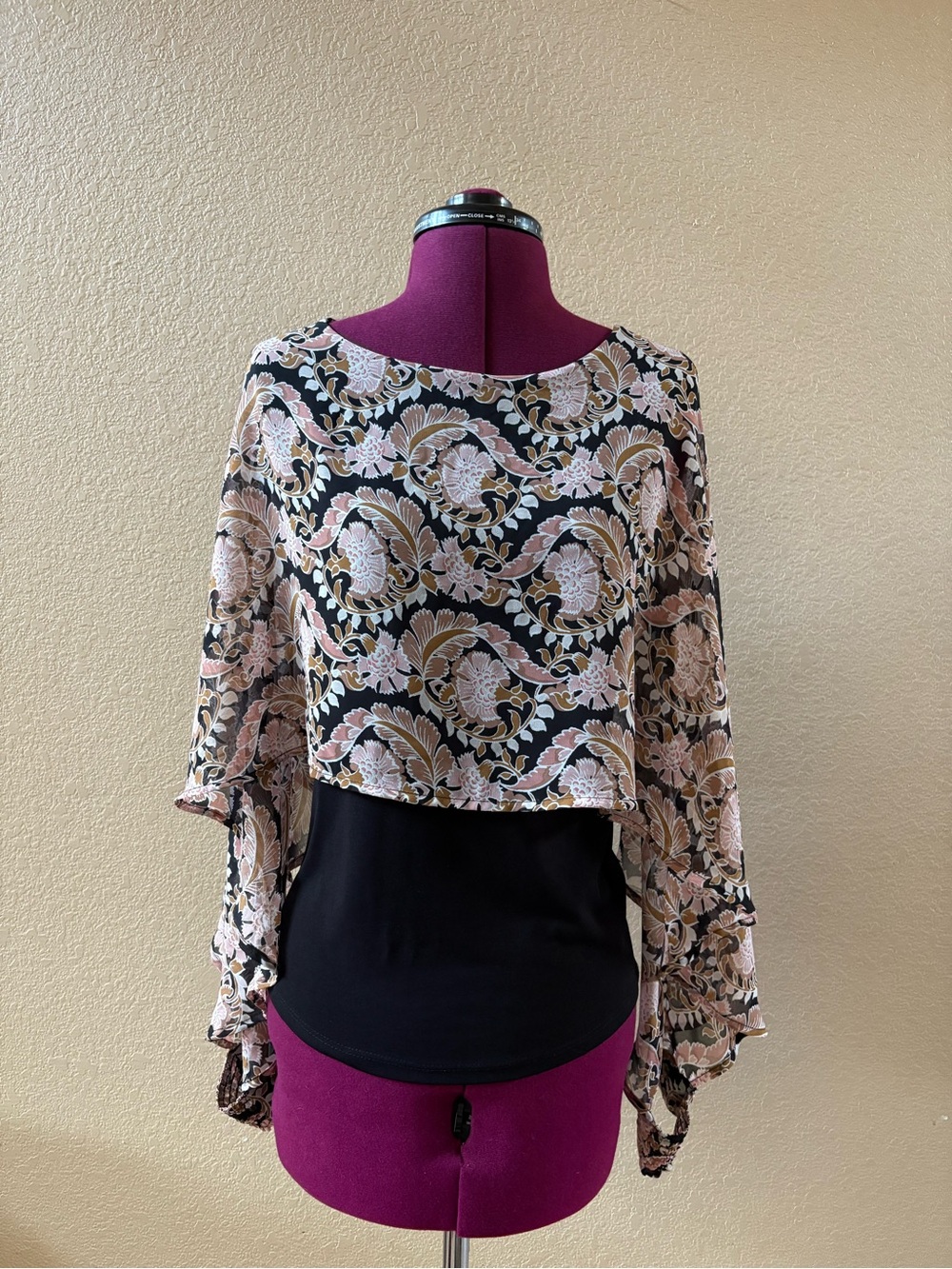 Maurices Black Top with Blush and Cream Floral Overlay
